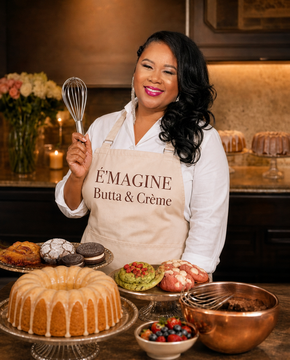 The baker behind E'MAGINE Butta & Crème surrounded by her Stuff’d cookies and pound cakes